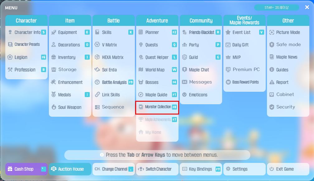 Monster Collection Menu